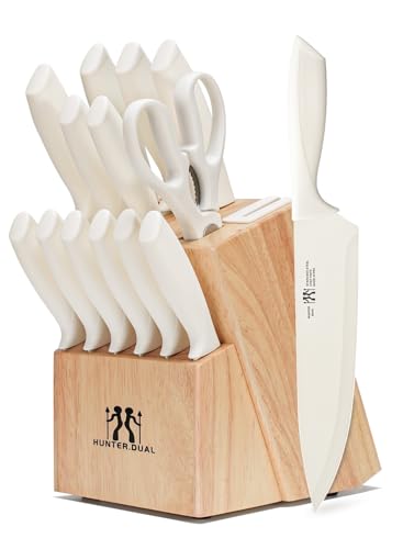 Knife Set  HUNTER DUAL 15 Pcs Kitchen Knife Set with Block Self Sharpening  Dishwasher Safe  Anti slip Handle  Beige 