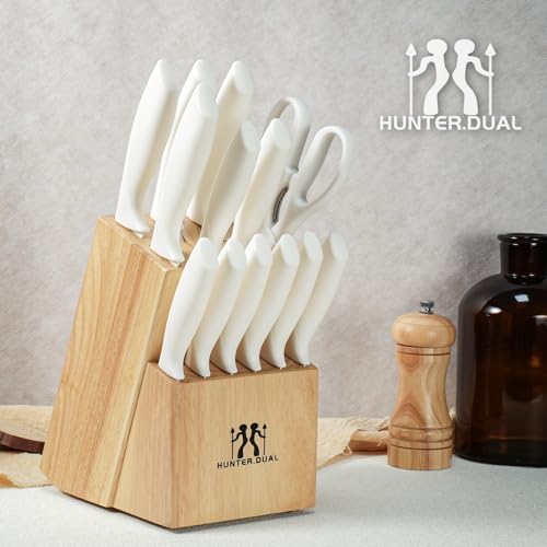 Knife Set  HUNTER DUAL 15 Pcs Kitchen Knife Set with Block Self Sharpening  Dishwasher Safe  Anti slip Handle  Beige 