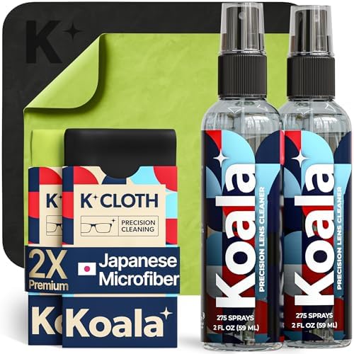 Koala Eyeglass Lens Cleaner Spray Kit    2x  Glasses Cleaner Bottle    2x  Microfiber Cloth   Alcohol Free Eyeglasses  Screen  and Camera Cleaning Kit   Made in USA  4 Piece Set 