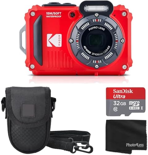 Kodak PIXPRO WPZ2 Rugged Waterproof Shockproof Digital Camera 16MP 4X Optical Zoom 1080P Full HD Video  2 7 LCD  Red  Bundle with Camera Case  SanDisk 32GB microSDHC Card  4 Items 