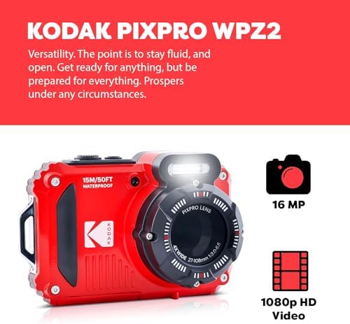 Kodak PIXPRO WPZ2 Rugged Waterproof Shockproof Digital Camera 16MP 4X Optical Zoom 1080P Full HD Video  2 7 LCD  Red  Bundle with Camera Case  SanDisk 32GB microSDHC Card  4 Items 