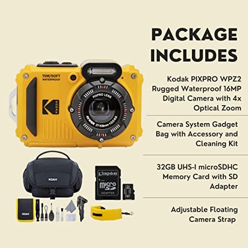 Kodak PIXPRO WPZ2 Rugged Waterproof 16MP Digital Camera with 4X Optical Zoom with Koah Nostrand Gadget Bag with Accessory Kit  32GB UHS I microSDHC  and Floating Strap Bundle  4 Items 