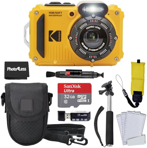 Kodak PIXPRO WPZ2 Rugged Waterproof Shockproof Digital Camera 16MP 4X Optical Zoom 1080P Full HD Video  2 7 LCD  Yellow   32GB SD Card  Black Compact Case  Floating Strap  Bundle  7 Items 