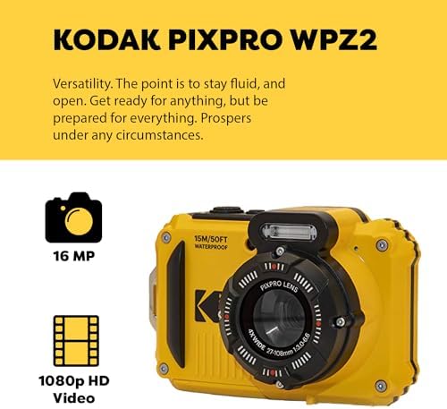 Kodak PIXPRO WPZ2 Rugged Waterproof Shockproof Digital Camera 16MP 4X Optical Zoom 1080P Full HD Video  2 7 LCD  Yellow   32GB SD Card  Black Compact Case  Floating Strap  Bundle  7 Items 