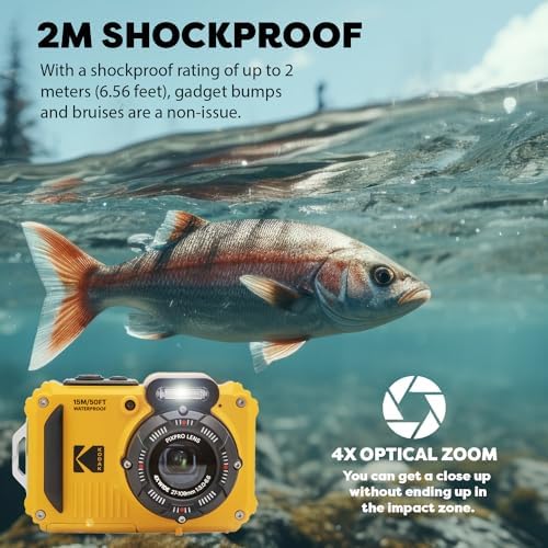 Kodak PIXPRO WPZ2 Rugged Waterproof Shockproof Digital Camera 16MP 4X Optical Zoom 1080P Full HD Video  2 7 LCD  Yellow   32GB SD Card  Black Compact Case  Floating Strap  Bundle  7 Items 