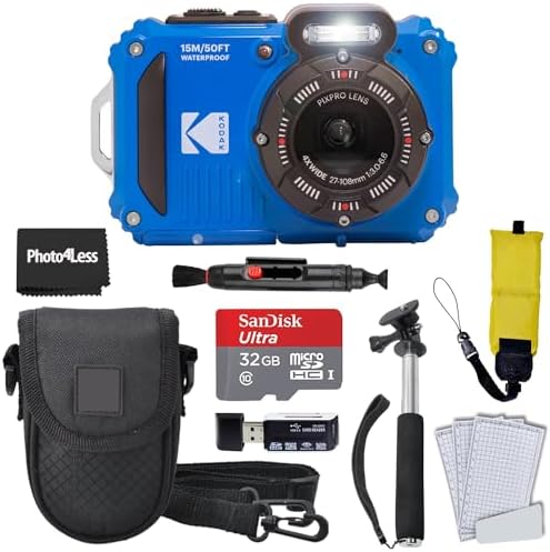 Kodak PIXPRO WPZ2 Rugged Waterproof Shockproof Digital Camera 16MP 4X Optical Zoom 1080P Full HD Video  2 7 LCD  Yellow   32GB SD Card  Black Compact Case  Floating Strap  Bundle  7 Items 
