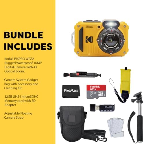 Kodak PIXPRO WPZ2 Rugged Waterproof Shockproof Digital Camera 16MP 4X Optical Zoom 1080P Full HD Video  2 7 LCD  Yellow   32GB SD Card  Black Compact Case  Floating Strap  Bundle  7 Items 