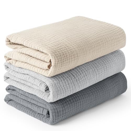 Konssy Paquete de 3 mantas de muselina para envolver unisex, manta de recepción de recién nacido, grande de 47 x 47 pulgadas, manta de muselina suave y transpirable para niños y niñas