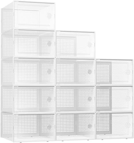 Kuject XX Large Shoe Storage Boxes Organizers Clear Plastic Stackable 12 Pack  Shoe Rack & Holder Substitute  Sneaker Containers  Shoe Storage Organizer Bins for Closet  Under Bed White No Fold Line 