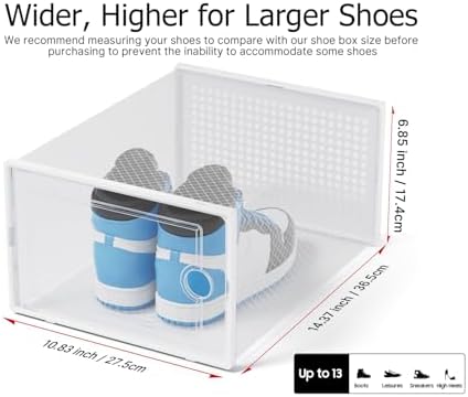 Kuject XX Large Shoe Storage Boxes Organizers Clear Plastic Stackable 12 Pack  Shoe Rack & Holder Substitute  Sneaker Containers  Shoe Storage Organizer Bins for Closet  Under Bed White No Fold Line 