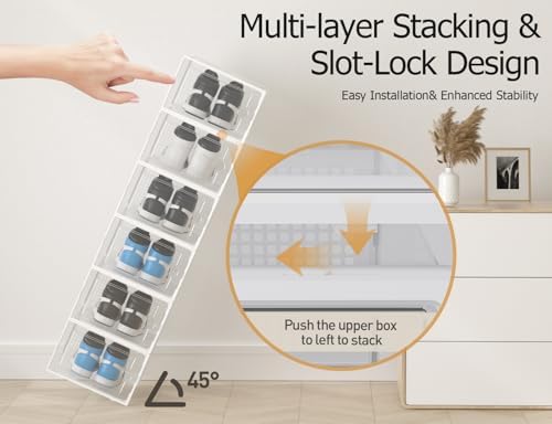 Kuject XX Large Shoe Storage Boxes Organizers Clear Plastic Stackable 12 Pack  Shoe Rack & Holder Substitute  Sneaker Containers  Shoe Storage Organizer Bins for Closet  Under Bed White No Fold Line 