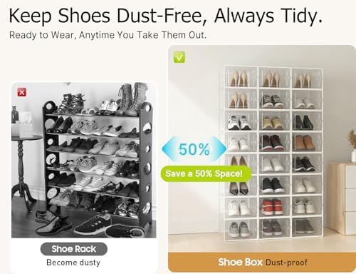 Kuject XX Large Shoe Storage Boxes Organizers Clear Plastic Stackable 12 Pack  Shoe Rack & Holder Substitute  Sneaker Containers  Shoe Storage Organizer Bins for Closet  Under Bed White No Fold Line 