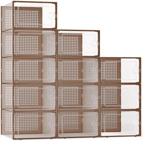 Kuject XX Large Shoe Storage Boxes Organizers Clear Plastic Stackable 12 Pack  Shoe Rack & Holder Substitute  Sneaker Containers  Shoe Storage Organizer Bins for Closet  Under Bed White No Fold Line 