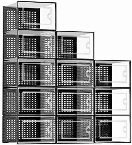 Kuject XX Large Shoe Storage Boxes Organizers Clear Plastic Stackable 12 Pack  Shoe Rack & Holder Substitute  Sneaker Containers  Shoe Storage Organizer Bins for Closet  Under Bed White No Fold Line 