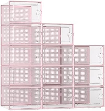 Kuject XX Large Shoe Storage Boxes Organizers Clear Plastic Stackable 12 Pack  Shoe Rack & Holder Substitute  Sneaker Containers  Shoe Storage Organizer Bins for Closet  Under Bed White No Fold Line 