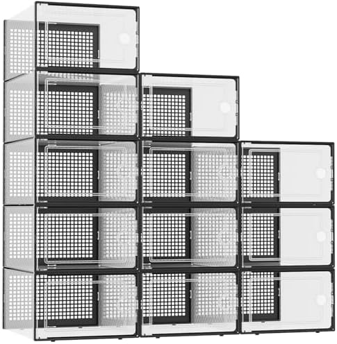 Kuject XX Large Shoe Storage Boxes Organizers Clear Plastic Stackable 12 Pack  Shoe Rack & Holder Substitute  Sneaker Containers  Shoe Storage Organizer Bins for Closet  Under Bed White No Fold Line 