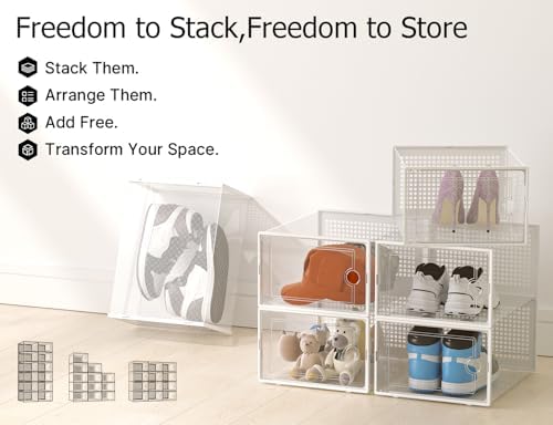 Kuject XX Large Shoe Storage Boxes Organizers Clear Plastic Stackable 12 Pack  Shoe Rack & Holder Substitute  Sneaker Containers  Shoe Storage Organizer Bins for Closet  Under Bed White No Fold Line 