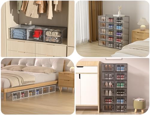 Kuject XX Large Shoe Storage Boxes Organizers Clear Plastic Stackable 12 Pack  Shoe Rack & Holder Substitute  Sneaker Containers  Shoe Storage Organizer Bins for Closet  Under Bed White No Fold Line 