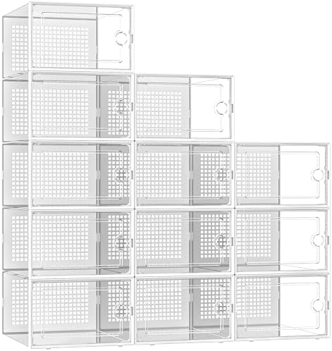 Kuject XX Large Shoe Storage Boxes Organizers Clear Plastic Stackable 12 Pack  Shoe Rack & Holder Substitute  Sneaker Containers  Shoe Storage Organizer Bins for Closet  Under Bed White No Fold Line 