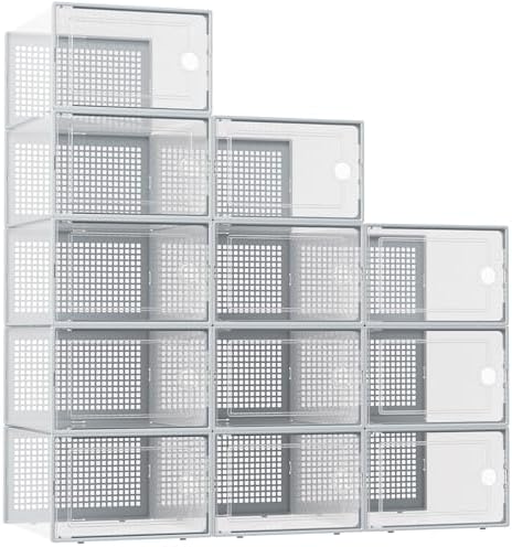 Kuject XX Large Shoe Storage Boxes Organizers Clear Plastic Stackable 12 Pack  Shoe Rack & Holder Substitute  Sneaker Containers  Shoe Storage Organizer Bins for Closet  Under Bed White No Fold Line 