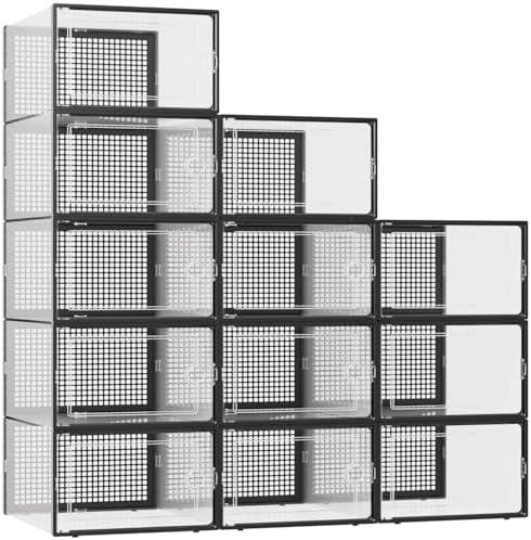 Kuject XX Large Shoe Storage Boxes Organizers Clear Plastic Stackable 12 Pack  Shoe Rack & Holder Substitute  Sneaker Containers  Shoe Storage Organizer Bins for Closet  Under Bed White No Fold Line 