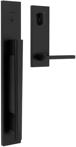 Kwikset Caerus Front Door Lock Handle and Deadbolt Set  Entry Handleset Exterior with Interior Lever  Matte Black  SmartKey Re Key Security  with KwikSlide  Door Handle Backplate Full Escutcheon