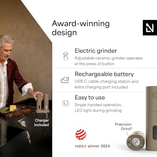 LARS NYS M Electric Salt and Pepper Grinder Set  USB Rechargeable  Automatic Salt and Pepper Mills  Spice Shakers Refillable with LED Light  Adjustable Coarseness  Ceramic Grinder  Taupe Brown 