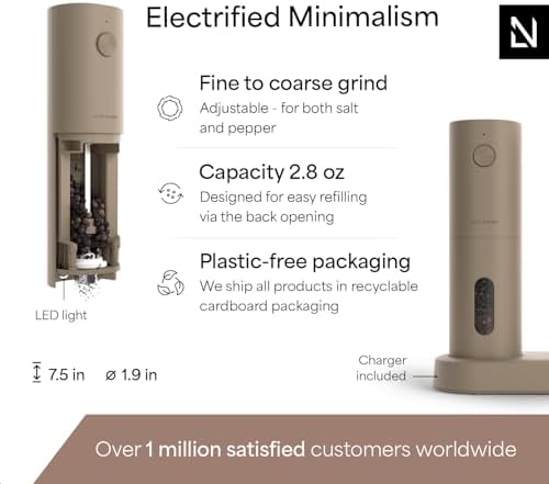 LARS NYS M Electric Salt and Pepper Grinder Set  USB Rechargeable  Automatic Salt and Pepper Mills  Spice Shakers Refillable with LED Light  Adjustable Coarseness  Ceramic Grinder  Taupe Brown 
