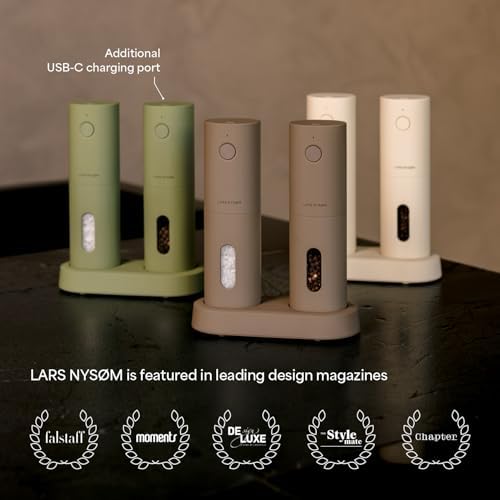 LARS NYS M Electric Salt and Pepper Grinder Set  USB Rechargeable  Automatic Salt and Pepper Mills  Spice Shakers Refillable with LED Light  Adjustable Coarseness  Ceramic Grinder  Taupe Brown 