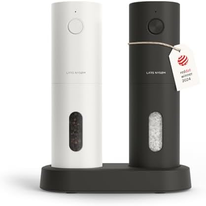 LARS NYS M Electric Salt and Pepper Grinder Set  USB Rechargeable  Automatic Salt and Pepper Mills  Spice Shakers Refillable with LED Light  Adjustable Coarseness  Ceramic Grinder  Taupe Brown 