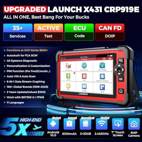 LAUNCH X431 CRP919E OBD2 Scanner  2025 Bidirectional Scan Tool as CRP919EBT  CANFD & DoIP  ECU Code  35  Service  Active Tests  All System Diagnosis  FCA Autoauth  BST360 & TPMS  2 Year Update