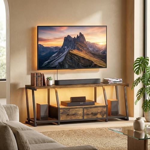 LED TV Stand for 55 65 Inch TV  Entertainment Center with Open Shelves and Power Outlets  TV Console Table with Fabric Drawers  Media Console for Living Room  Bedroom  Rustic Brown and Black