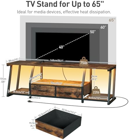 LED TV Stand for 55 65 Inch TV  Entertainment Center with Open Shelves and Power Outlets  TV Console Table with Fabric Drawers  Media Console for Living Room  Bedroom  Rustic Brown and Black
