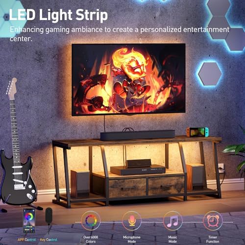 LED TV Stand for 55 65 Inch TV  Entertainment Center with Open Shelves and Power Outlets  TV Console Table with Fabric Drawers  Media Console for Living Room  Bedroom  Rustic Brown and Black