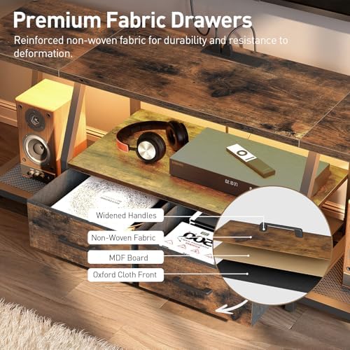 LED TV Stand for 55 65 Inch TV  Entertainment Center with Open Shelves and Power Outlets  TV Console Table with Fabric Drawers  Media Console for Living Room  Bedroom  Rustic Brown and Black