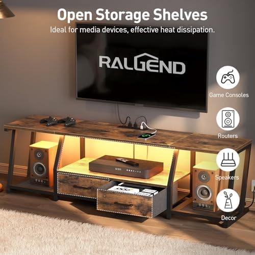 LED TV Stand for 55 65 Inch TV  Entertainment Center with Open Shelves and Power Outlets  TV Console Table with Fabric Drawers  Media Console for Living Room  Bedroom  Rustic Brown and Black