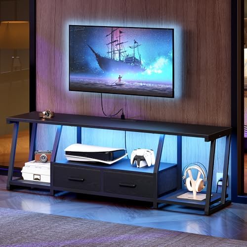 LED TV Stand for 55 65 Inch TV  Entertainment Center with Open Shelves and Power Outlets  TV Console Table with Fabric Drawers  Media Console for Living Room  Bedroom  Rustic Brown and Black