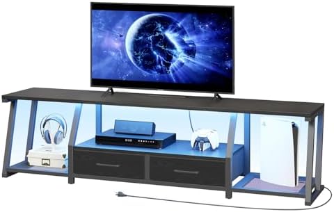 LED TV Stand for 55 65 Inch TV  Entertainment Center with Open Shelves and Power Outlets  TV Console Table with Fabric Drawers  Media Console for Living Room  Bedroom  Rustic Brown and Black