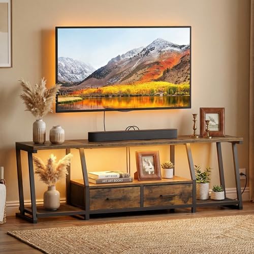 LED TV Stand for 55 65 Inch TV  Entertainment Center with Open Shelves and Power Outlets  TV Console Table with Fabric Drawers  Media Console for Living Room  Bedroom  Rustic Brown and Black