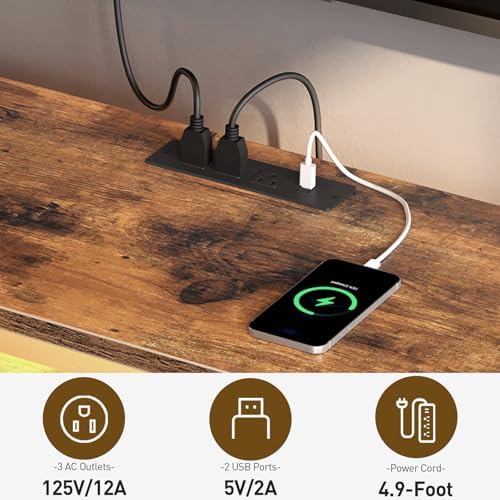 LED TV Stand for 55 65 Inch TV  Entertainment Center with Open Shelves and Power Outlets  TV Console Table with Fabric Drawers  Media Console for Living Room  Bedroom  Rustic Brown and Black