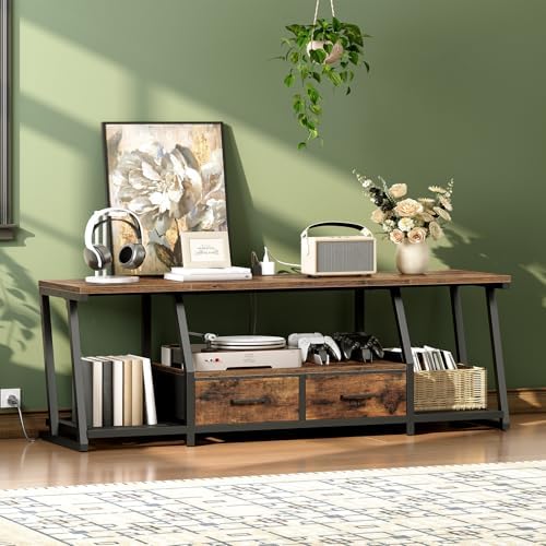 LED TV Stand for 55 65 Inch TV  Entertainment Center with Open Shelves and Power Outlets  TV Console Table with Fabric Drawers  Media Console for Living Room  Bedroom  Rustic Brown and Black