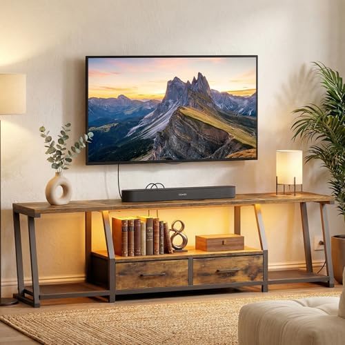LED TV Stand for 55 65 Inch TV  Entertainment Center with Open Shelves and Power Outlets  TV Console Table with Fabric Drawers  Media Console for Living Room  Bedroom  Rustic Brown and Black