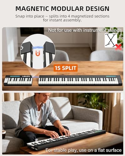 LEKATO Portable Piano Keyboard  4 pcs Magnetic Electric Piano with Up to 88 Keys  128 Tones  128 Rhythm  21 Demo  Split  Dual Tone  Record  Bluetooth MIDI  Headphone Jack  for Beginners Home Travel