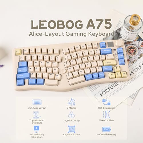 LEOBOG A75 - Teclado Alice al 75%, teclado inalámbrico para juegos con perilla y diseño de joystick, teclado mecánico de montaje superior con PCB de corte flexible, placa de PC, soportes
