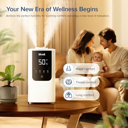 LEVOIT Humidifiers for Bedroom Home  Smart Warm and Cool Mist Air Humidifier for Large Room  Auto Customized Humidity  Fast Symptom Relief  Easy Top Fill  Essential Oil  Quiet  OasisMist4 5L  White