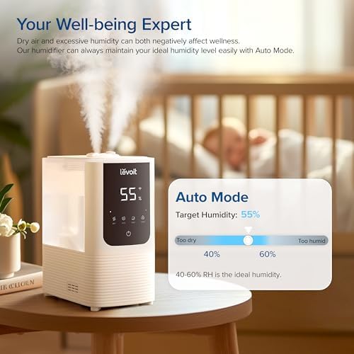 LEVOIT Humidifiers for Bedroom Home  Smart Warm and Cool Mist Air Humidifier for Large Room  Auto Customized Humidity  Fast Symptom Relief  Easy Top Fill  Essential Oil  Quiet  OasisMist4 5L  White