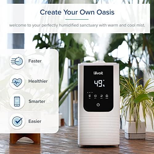 LEVOIT Humidifiers for Bedroom Home  Smart Warm and Cool Mist Air Humidifier for Large Room  Auto Customized Humidity  Fast Symptom Relief  Easy Top Fill  Essential Oil  Quiet  OasisMist4 5L  White