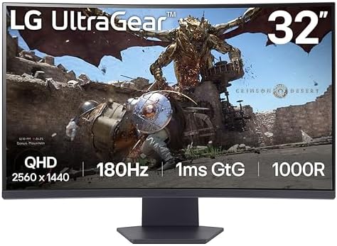 LG 27GS60QC B Ultragear Curved Gaming Monitor 27 Inch QHD  2560x1440  180Hz 1ms 1000R AMD FreeSync HDR10 HDMIx2 DisplayPort Borderless Design Black Stabilizer DAS Crosshair FPS Counter