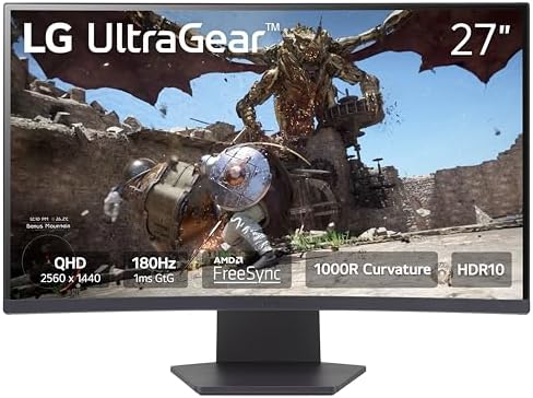 LG 27GS60QC B Ultragear 27 inch Curved Gaming Monitor QHD  2560x1440  180Hz 1ms 1000R AMD FreeSync HDR10 HDMIx2 DisplayPort Borderless Design Black Stabilizer DAS Crosshair FPS Counter   Black