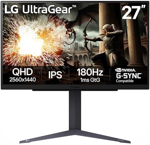 LG 27GS75Q B 27 inch Ultragear QHD  2560x1440  Gaming Monitor  180Hz  O/C 200Hz   1ms  IPS  NVIDIA G SYNC Compatible  AMD FreeSync  HDR10  Tilt/Height/Pivot Stand  HDMI  DisplayPort  Black